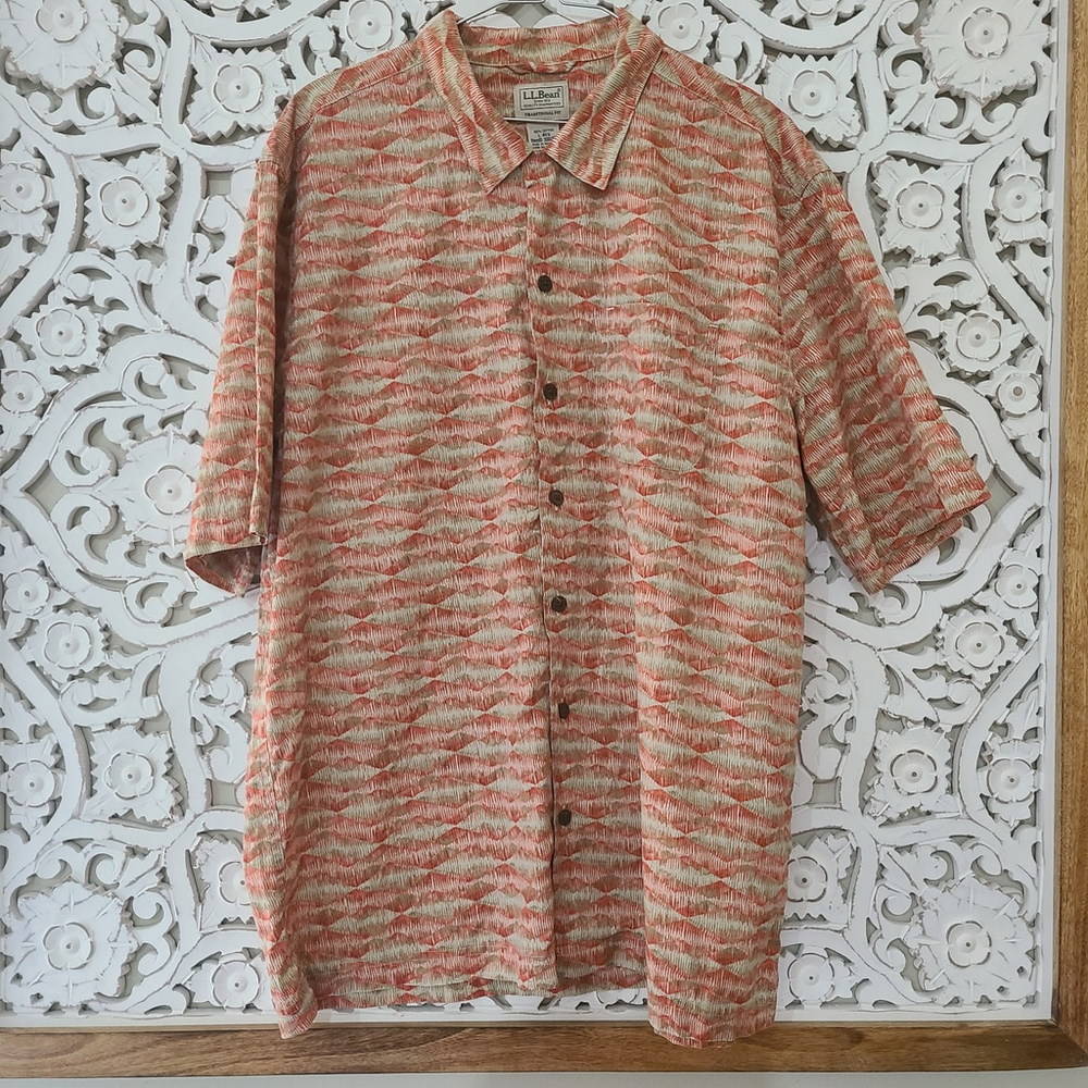 LL Bean Button Down Shirt Size Large Men's Orange Short Sleeve Abstract Striped